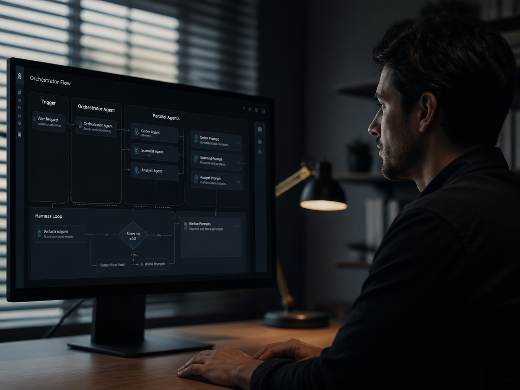 A photorealistic over-the-shoulder portrait of a focused software engineer seated in front of a…