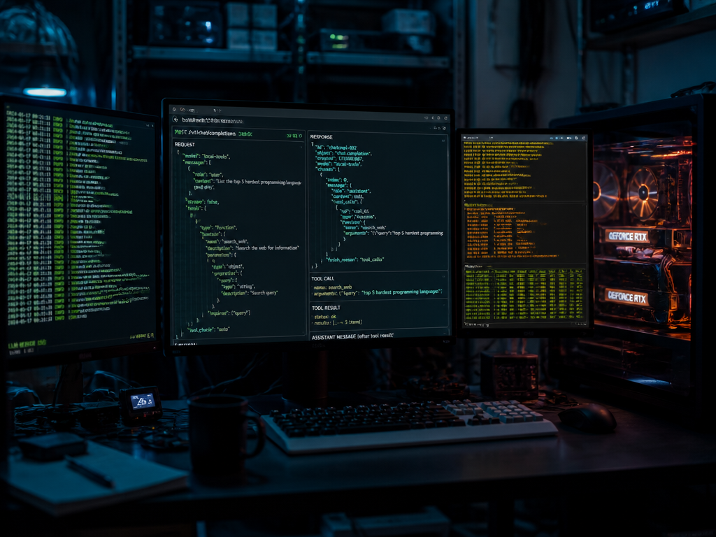 A tightly composed photorealistic shot of a home-lab workstation in a dim room, two…