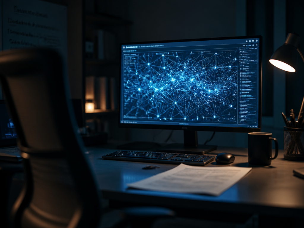 A dimly lit research office at night, a single computer monitor glowing in the…