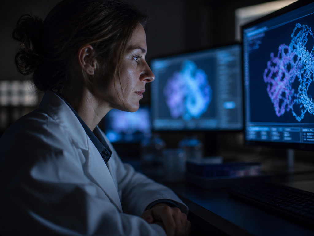 A photorealistic close-up of a research scientist seen in profile inside a darkened laboratory…