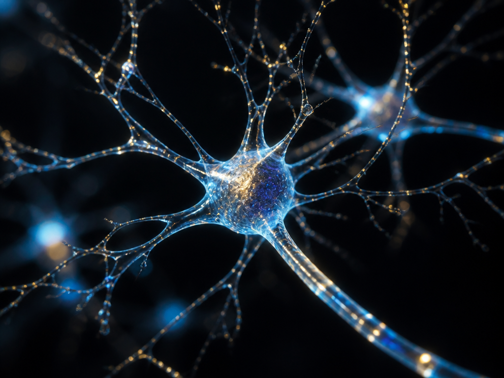 A photorealistic macro photograph of a single illuminated neuron model rendered as a delicate…