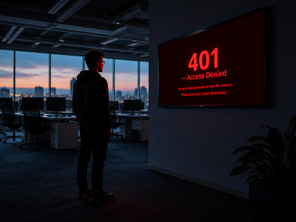 A dim open-plan tech office at dawn, captured with a wide-angle lens at f/4…