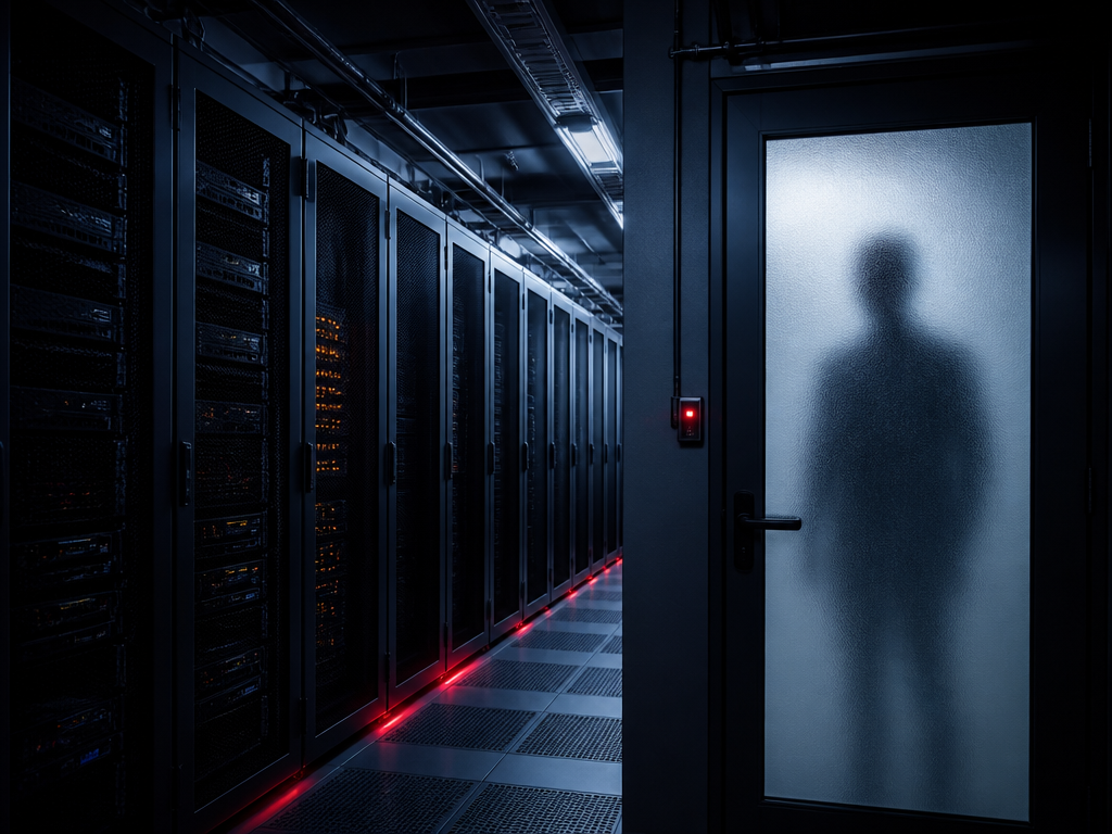 A high-contrast architectural close-up of a sleek server room corridor, shot with a 35mm…