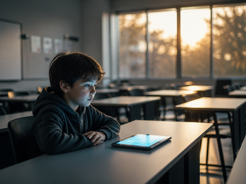 A photorealistic wide shot of a young child sitting alone at a sleek modern…