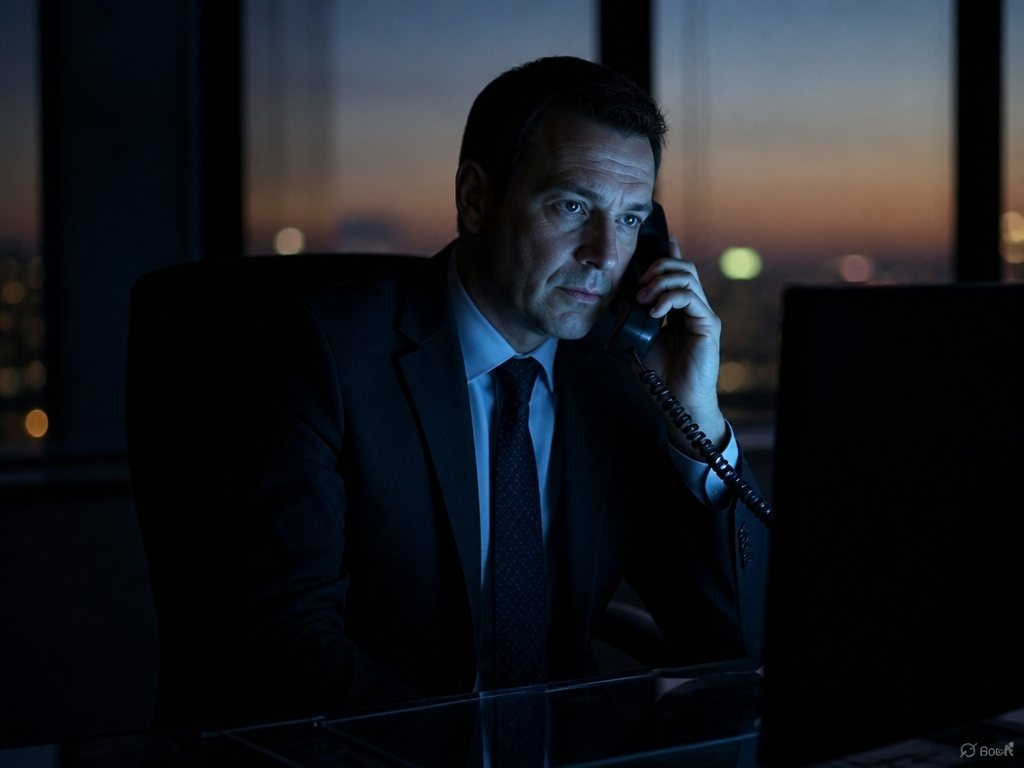 A dimly lit corner office at dusk, a single executive seated at a sleek…
