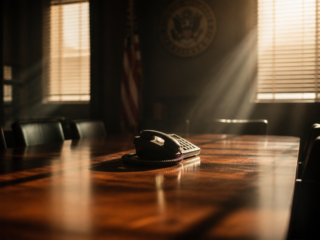 A stark government office interior shot from a low angle, an empty wooden conference…