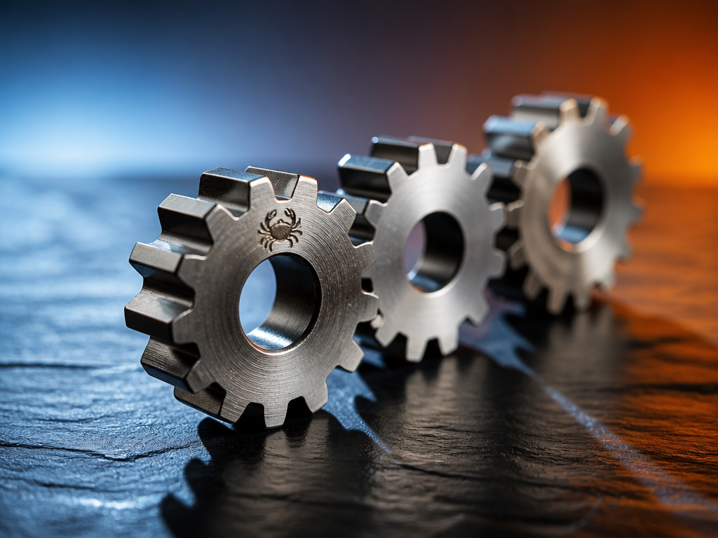 An abstract conceptual still life on a polished slate surface: three interlocking metal gears…