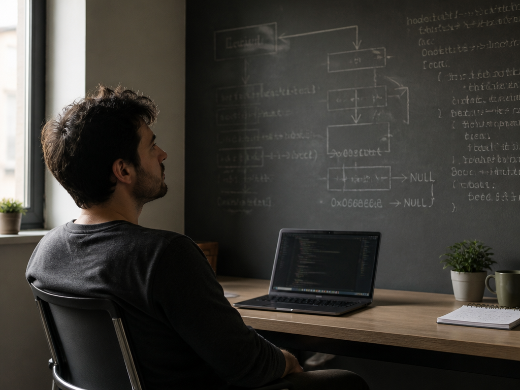 A thoughtful programmer seated at a minimalist wooden desk, leaning back in a chair…
