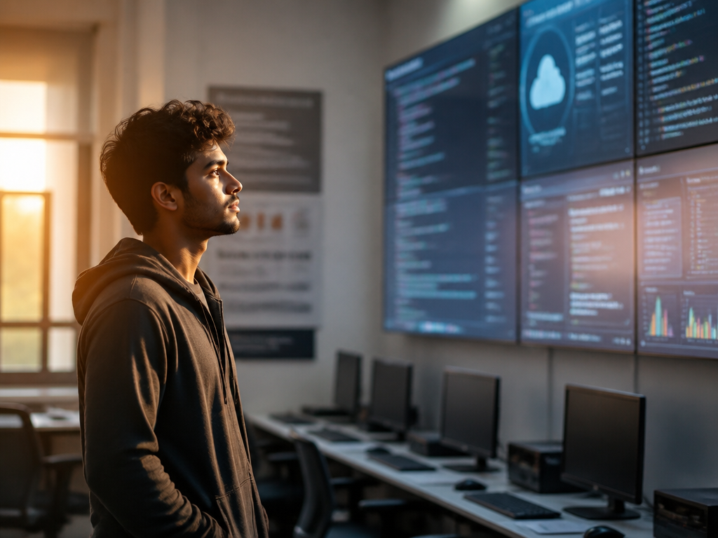 A young first-generation college student standing alone in a sleek modern university computer lab…