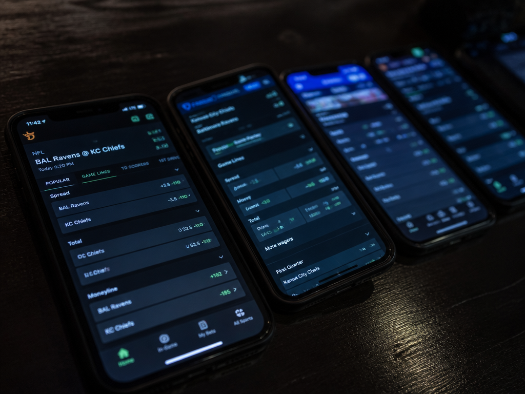A close-up photorealistic photograph of four smartphones lying side by side on a dark…