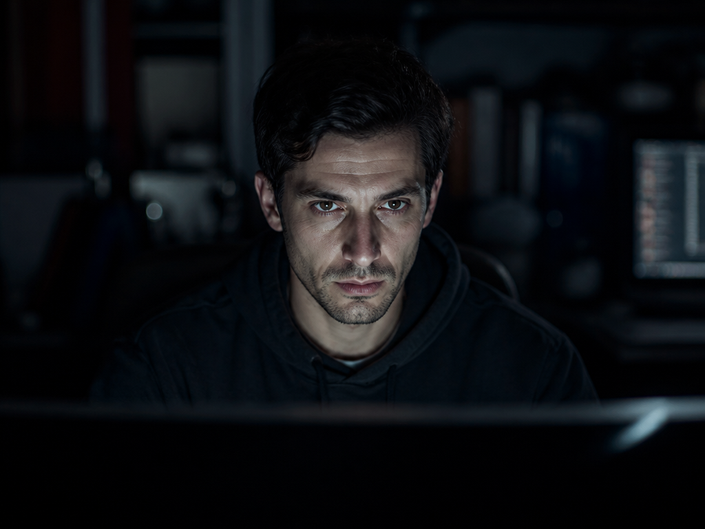 A photorealistic portrait of a man seated alone in a dim home office at…