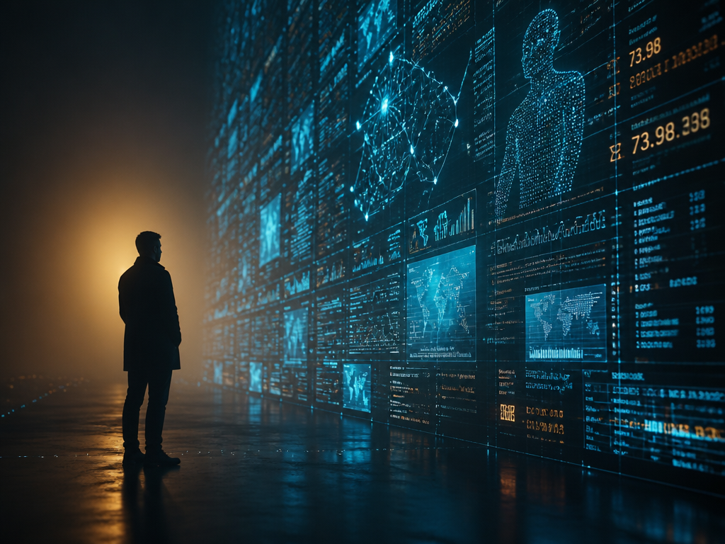 A photorealistic conceptual photograph illustrating asymmetry and surveillance: a single human silhouette standing in…