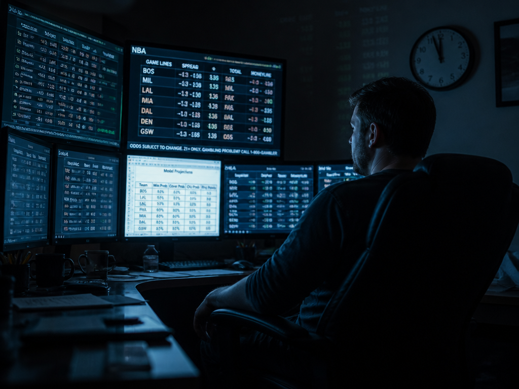 A dimly lit home office late at night, glowing entirely by the cool blue…