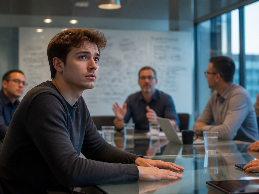 A photorealistic scene inside a modern startup meeting room, a junior software engineer sitting…