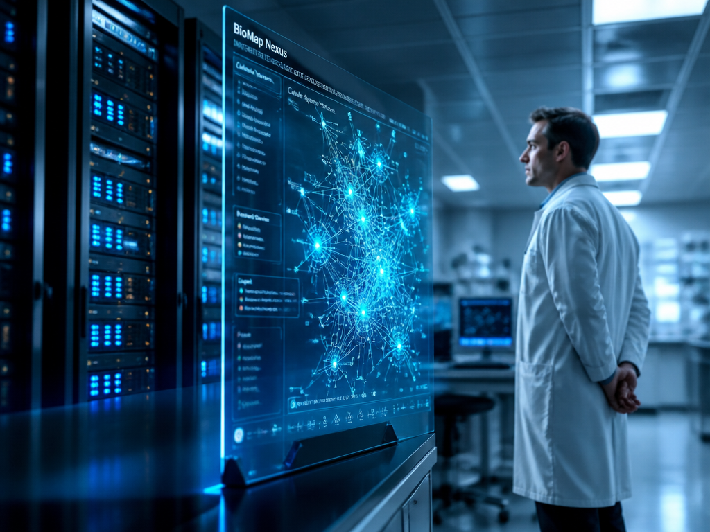 A photorealistic close-up shot inside a modern biotech research facility, captured with an 85mm…