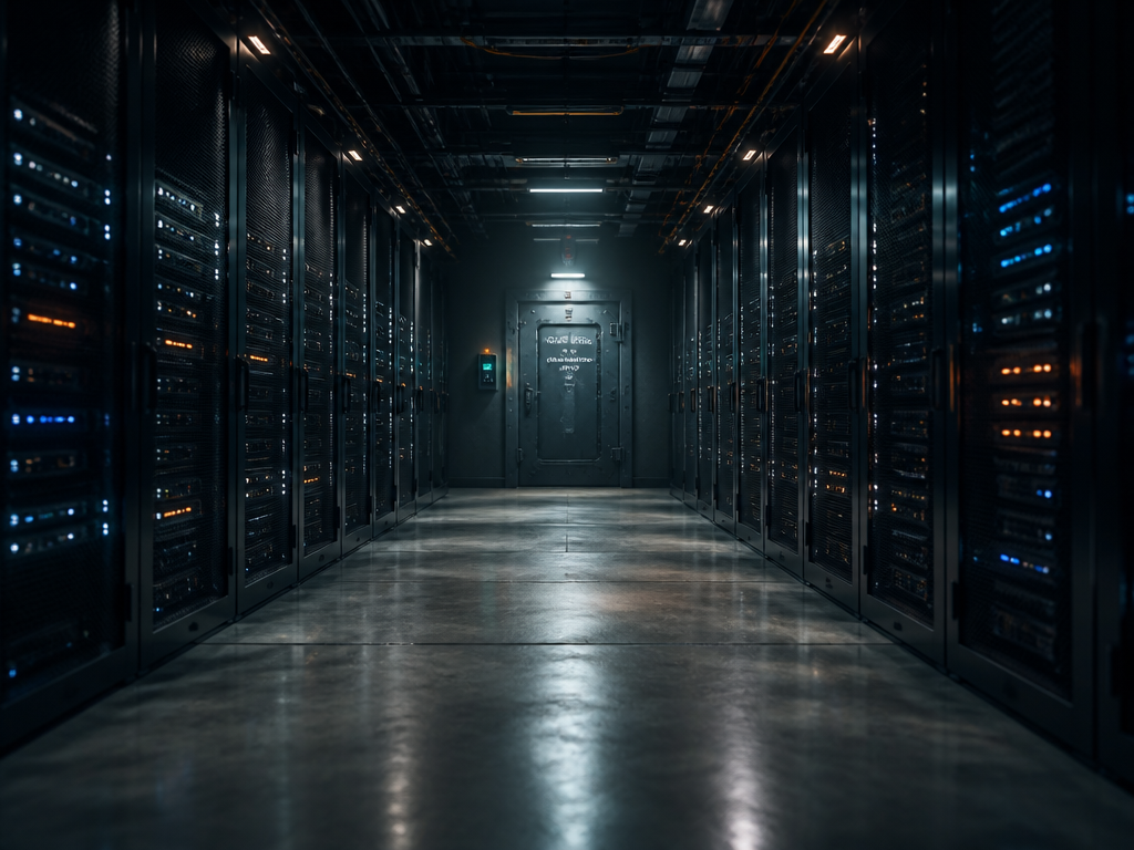 A wide-angle photorealistic interior shot of a modern, high-security data center corridor, rows of…