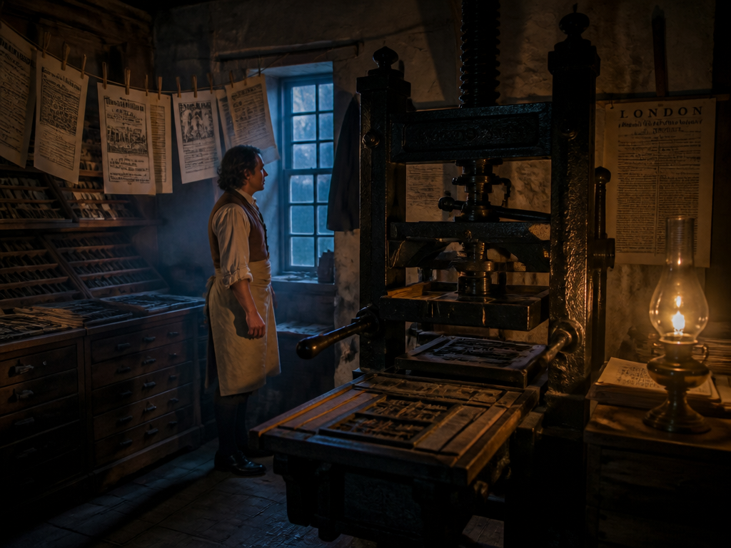 An evocative interior photograph of an 18th-century printing workshop at dusk, a large iron…