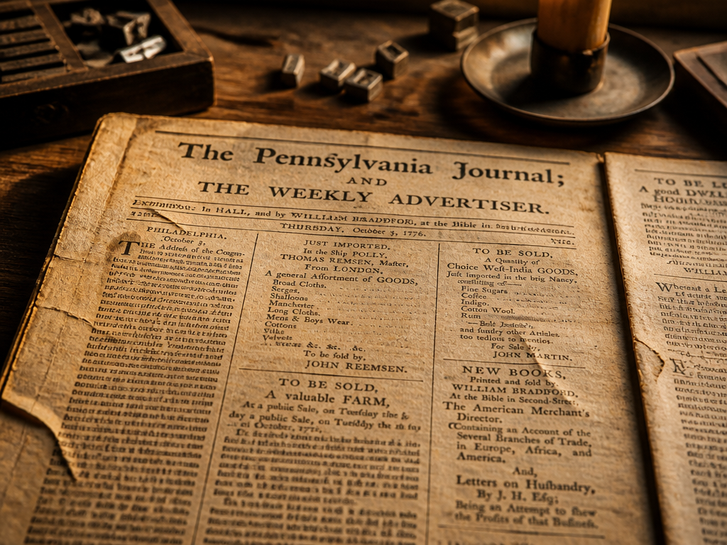 A close-up still life of a fragile 1776 colonial newspaper laid flat on a…