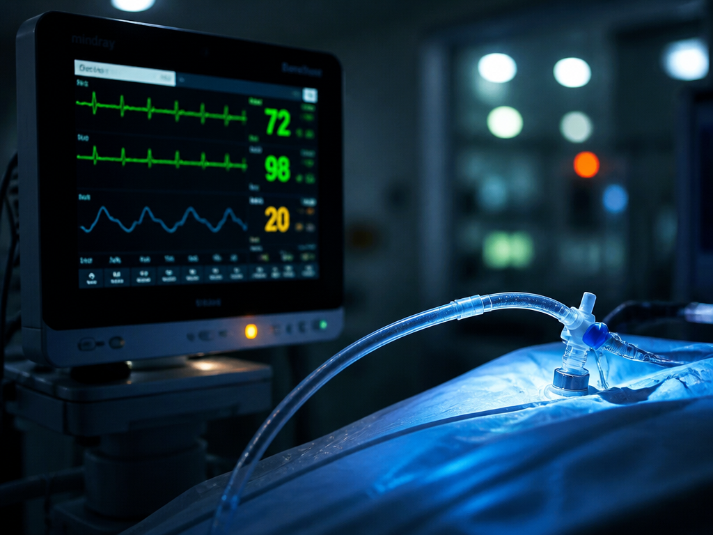 A dimly lit neuro-ICU bedside at night, photographed in documentary style with a 35mm…