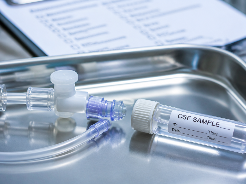 A close-up macro shot of a sterile drainage system and a sealed CSF sample…