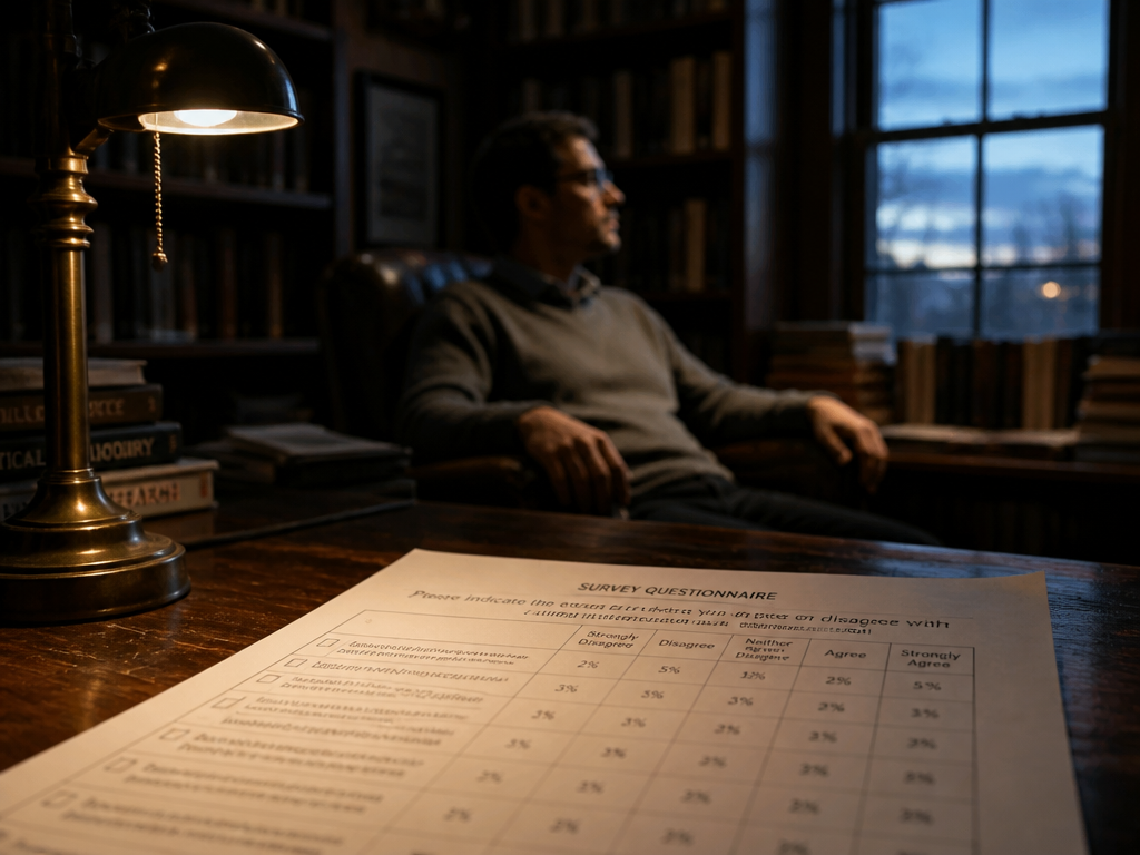 A moody, contemplative photorealistic photograph taken inside a dimly lit academic study at dusk…