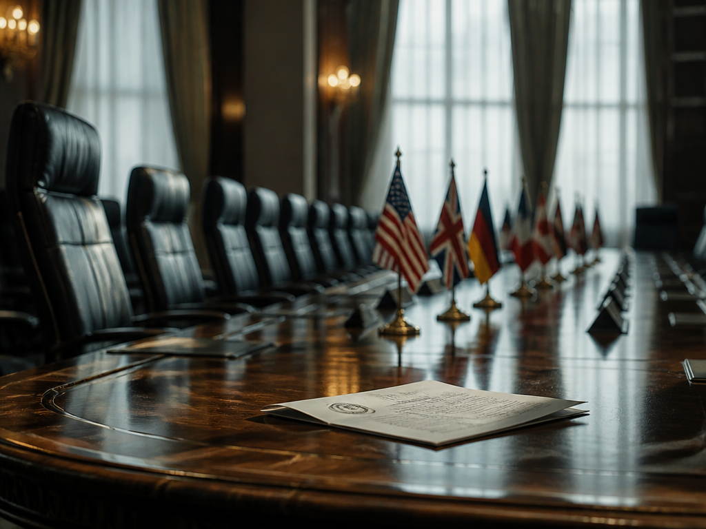 A wide, atmospheric photojournalistic shot of an empty international summit conference room moments after…