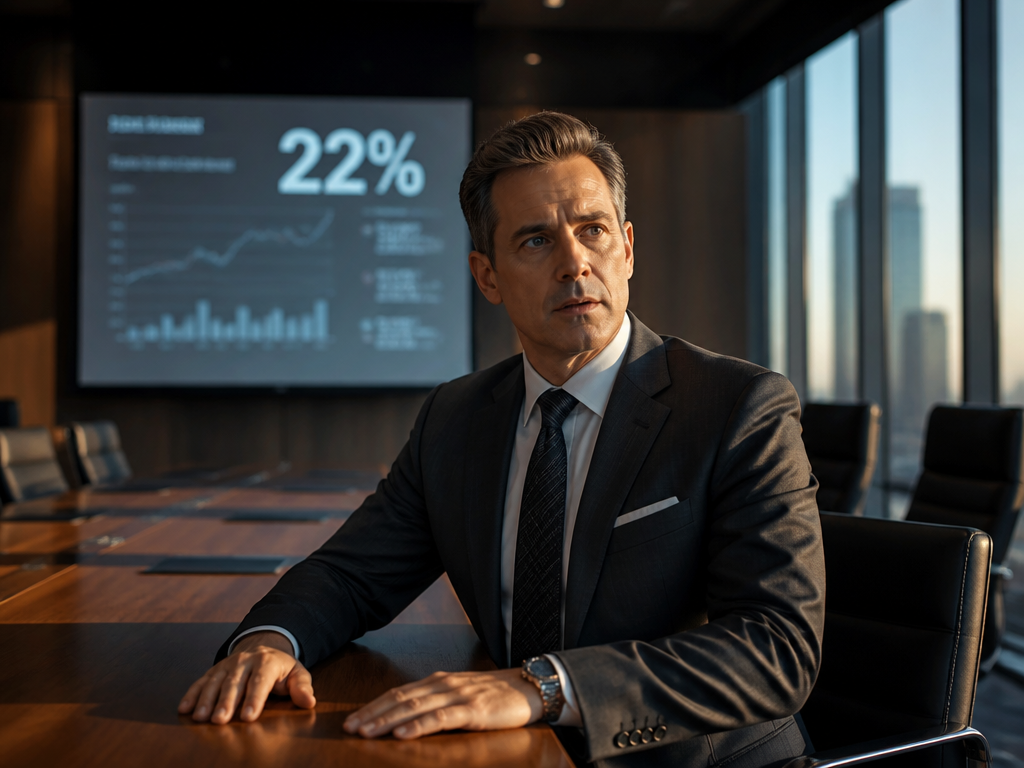 A tense corporate boardroom captured in a wide cinematic shot during a late-afternoon contract…