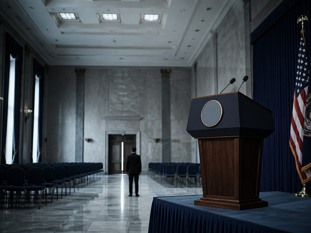 A wide editorial photograph of a formal podium in a stark, marble-floored government press…