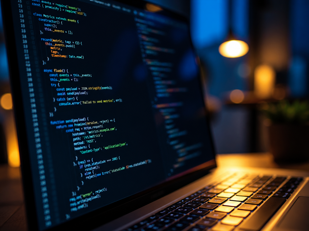A close-up macro photograph of a modern laptop screen displaying lines of JavaScript code…