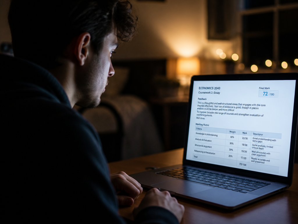A close-up over-the-shoulder photograph of a university student seated at a desk, illuminated by…