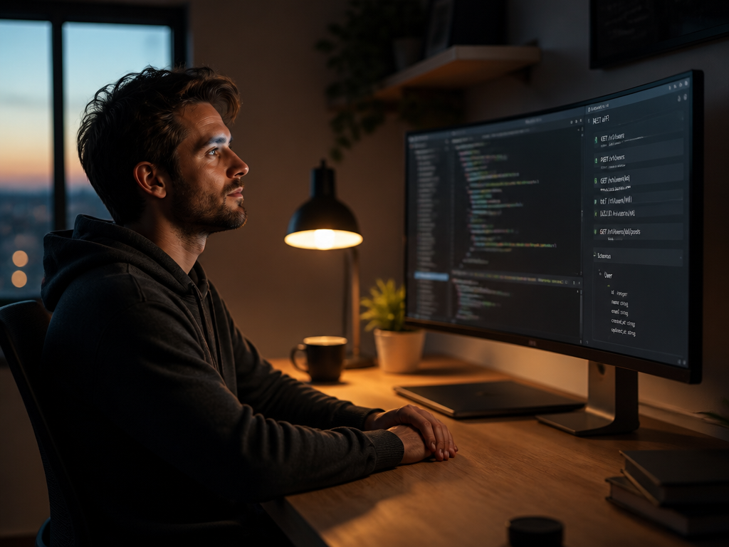 A developer sitting at a minimalist wooden desk in a softly lit home office…