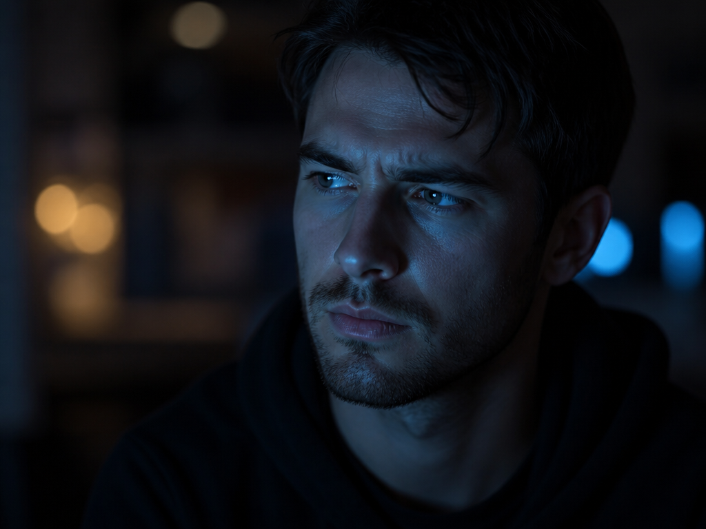 A close-up portrait of a person sitting in a dimly lit room at night…