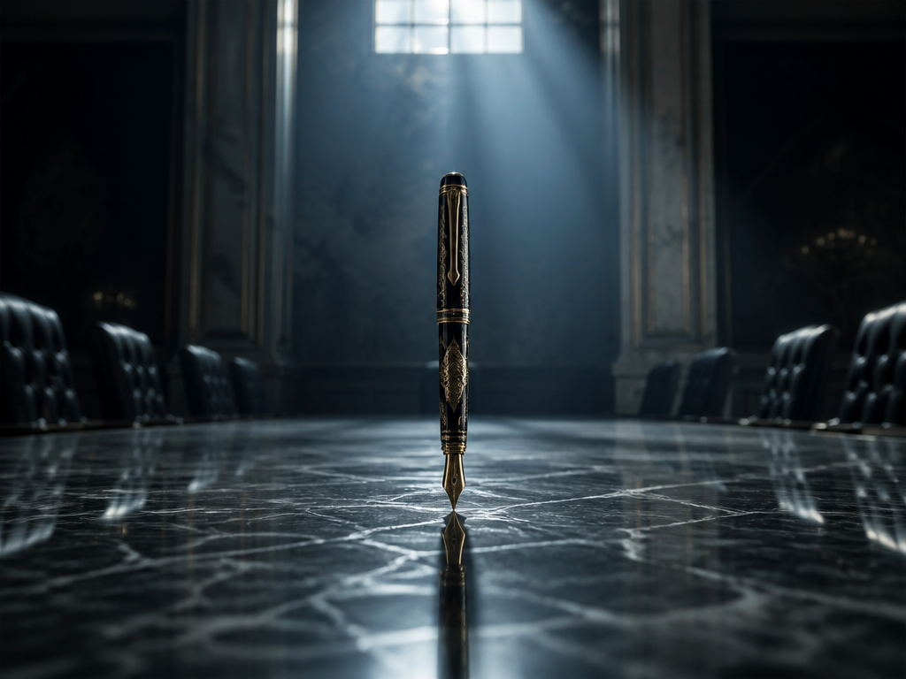 A dramatic low-angle photograph of a single ornate fountain pen standing upright and balanced…