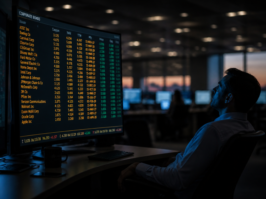 A dimly lit institutional trading floor at dusk, photographed with a 35mm lens at…