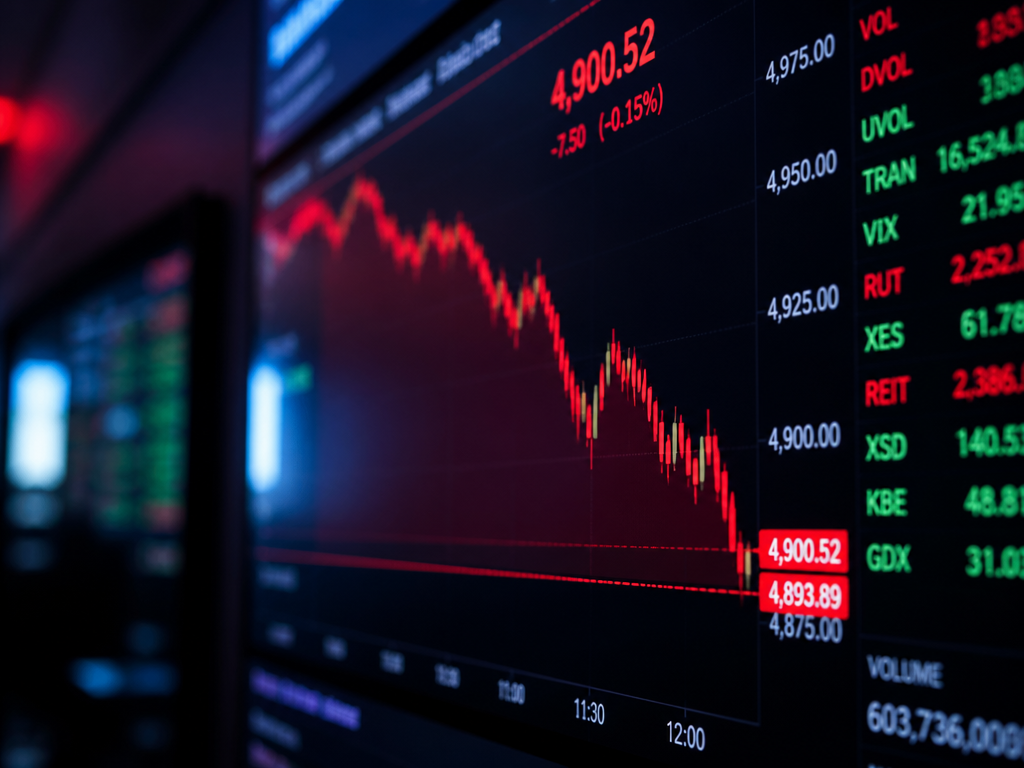 A dramatic close-up of a financial trading screen mounted on a dark office wall…