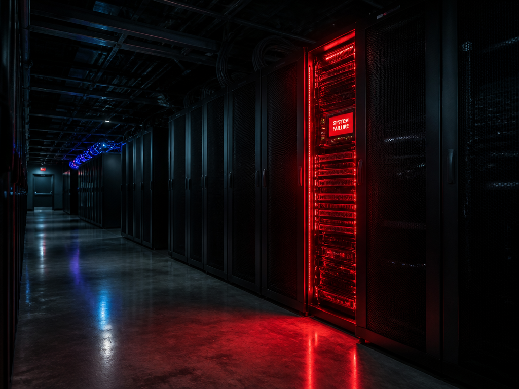 A dramatic wide-angle photograph of a dimly lit modern data center server aisle at…