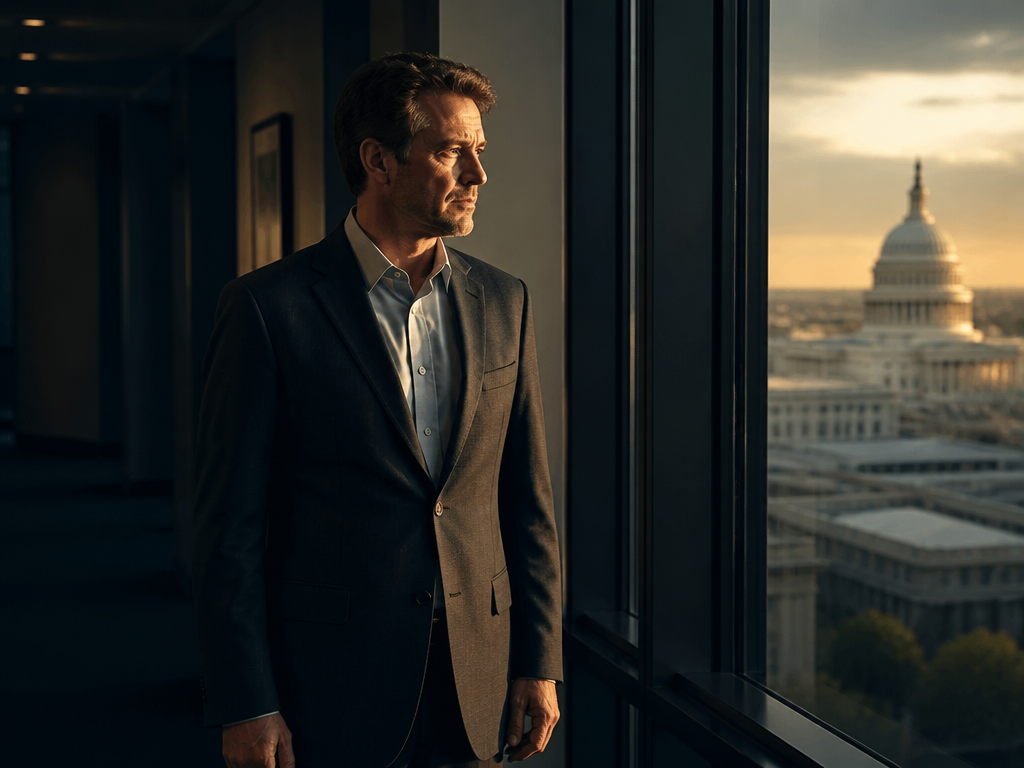 A photorealistic portrait of a pensive investor in a charcoal suit standing alone in…
