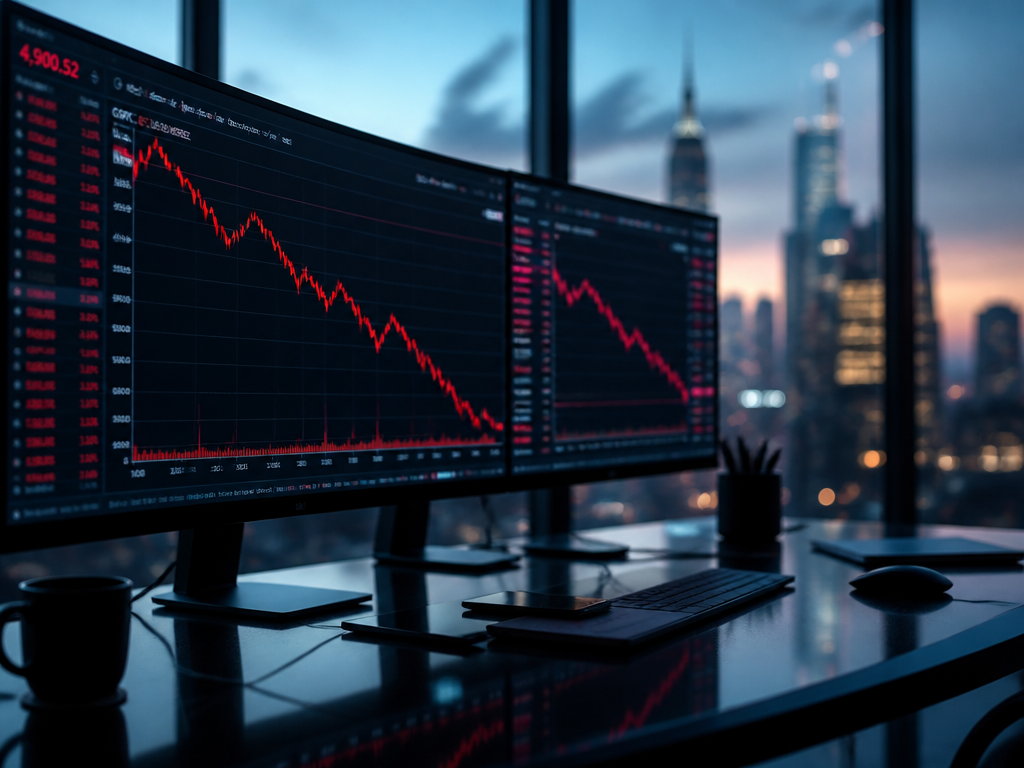 A tightly composed photorealistic shot of a modern financial trading desk at dusk, three…