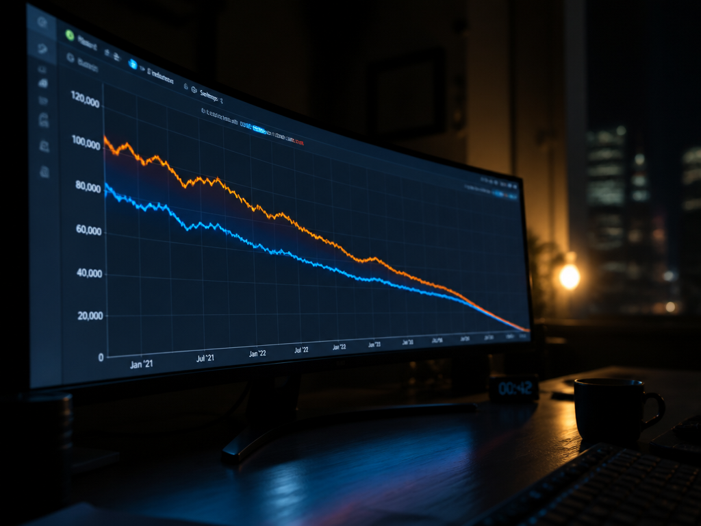 A photorealistic close-up of a large curved computer monitor in a dim home office…