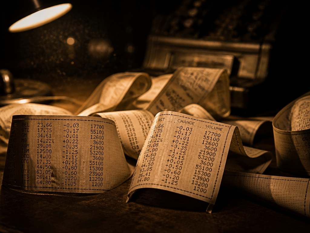 A close-up macro photograph of an old analog stock ticker tape spilling across a…