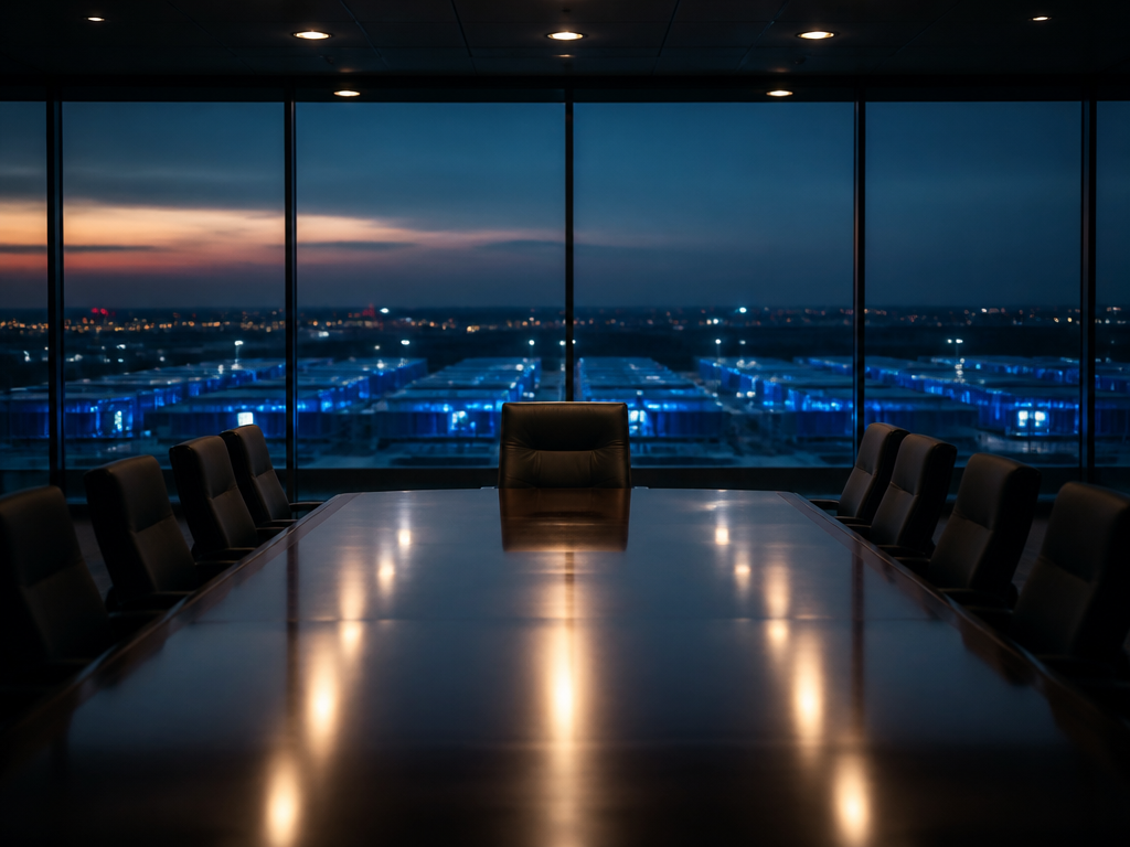 A dimly lit corporate boardroom at dusk, photographed with a wide-angle lens, where a…