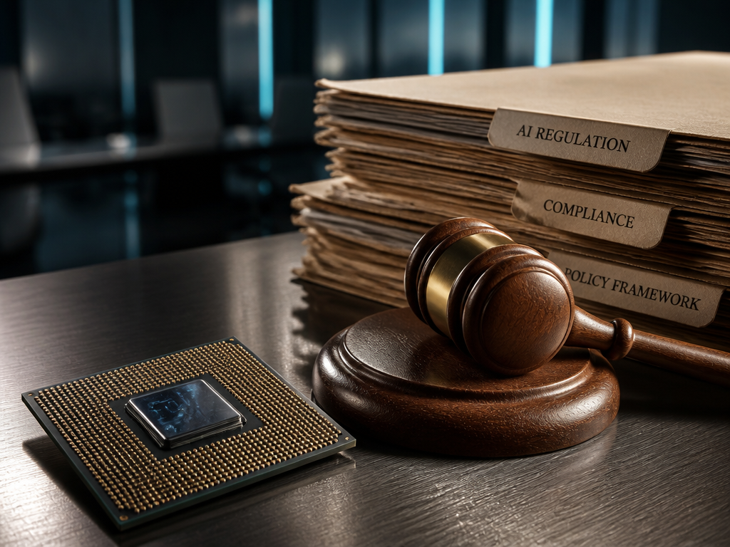 A photorealistic still-life composition symbolizing the AI investing divide: a polished computer chip on…
